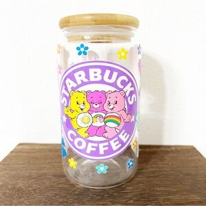 Care Bear Themed Libbey Glass Can with Bamboo Lid and Straw